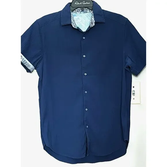 ROBERT GRAHAM NAVY BLUE CRINKLED TEXTURE S/S STRETCH SHIRT ROLL CUFF SZ S